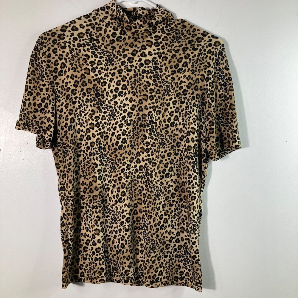 Susan Lawrence Mock Neck Leopard Stretch Top Tan Black M